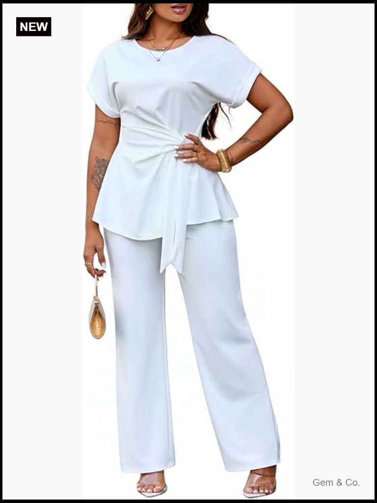 2 Piece Peplum Top Flared Pant Business Suit Set Dressy Pantsuits